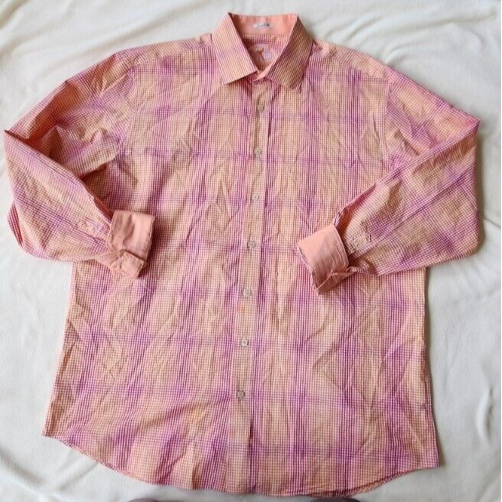 Bugatchi Button Shirt Men XL Shaped Fit Flip Cuff Long Sleeve Orange White Check